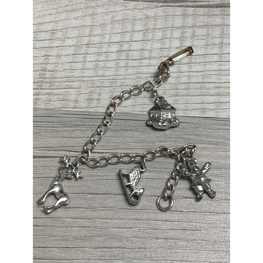 Vintage Silver Tone Holiday Charm Bracelet Reindeer Santa Gingerbread House 6in